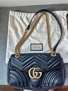Gucci Marmont Matelassé Black Leather Shoulder Bag, Antique Gold Chain